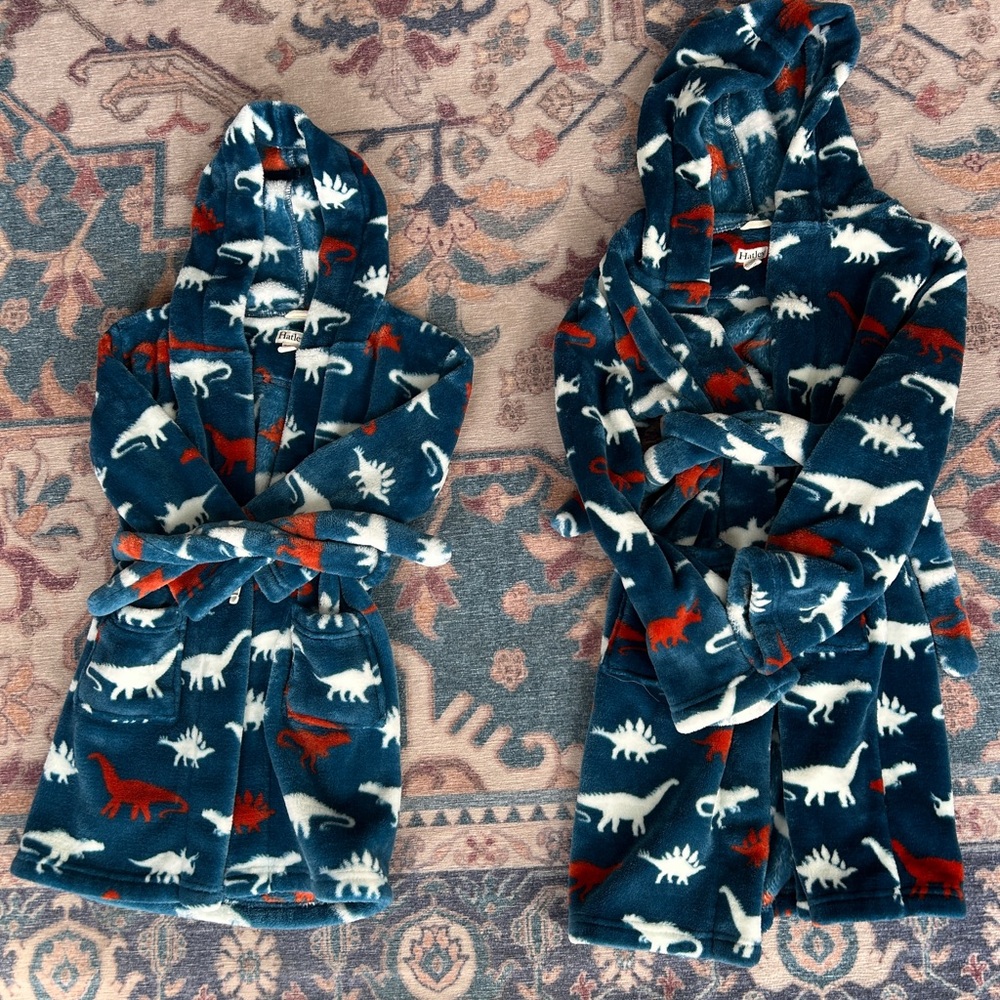 Hatley teal Blue and White Dinosaur Hooded Robe matching for Siblings.